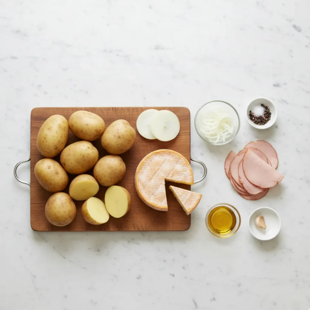 Délicieuse Tartiflette Recette Traditionnelle : Simple et Facile 4 Pommes de terre, reblochon, dinde fumée, oignons, ail et huile disposés pour préparer une tartiflette savoyarde
