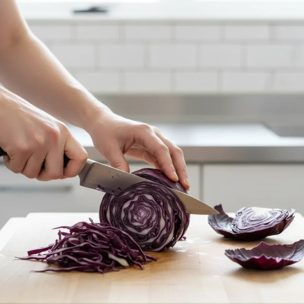 Fabuleuse Recette Chou Rouge : Simple et Rapide 5 Mains coupant un chou rouge frais en lamelles sur une planche de bois dans une cuisine blanche.