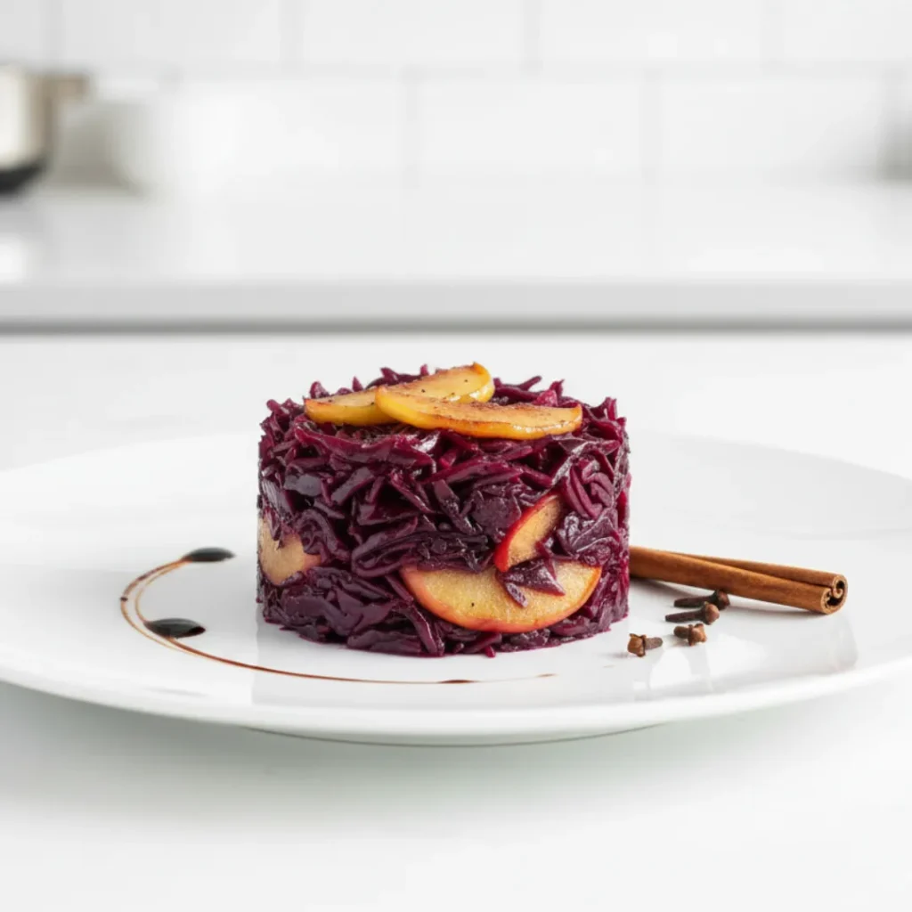 Chou Rouge: La Recette Simple et Délicieuse ! 6 Chou rouge braisé aux pommes, dressage gastronomique en cercle avec bâton de cannelle.