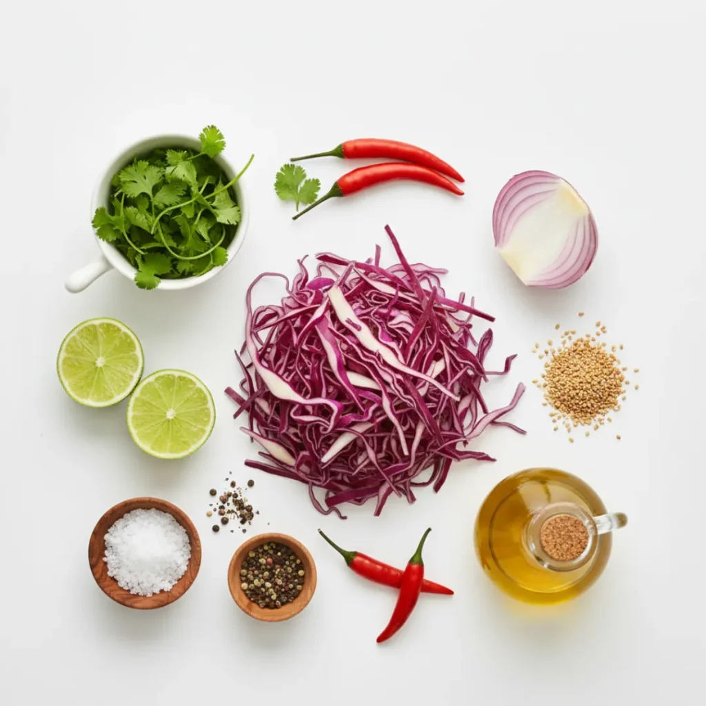 Salade de Chou Rouge Ultime : Recette Facile et Rapide 4 Ingrédients frais pour salade de chou rouge avec citron vert, coriandre, piment, oignon et huile d’olive