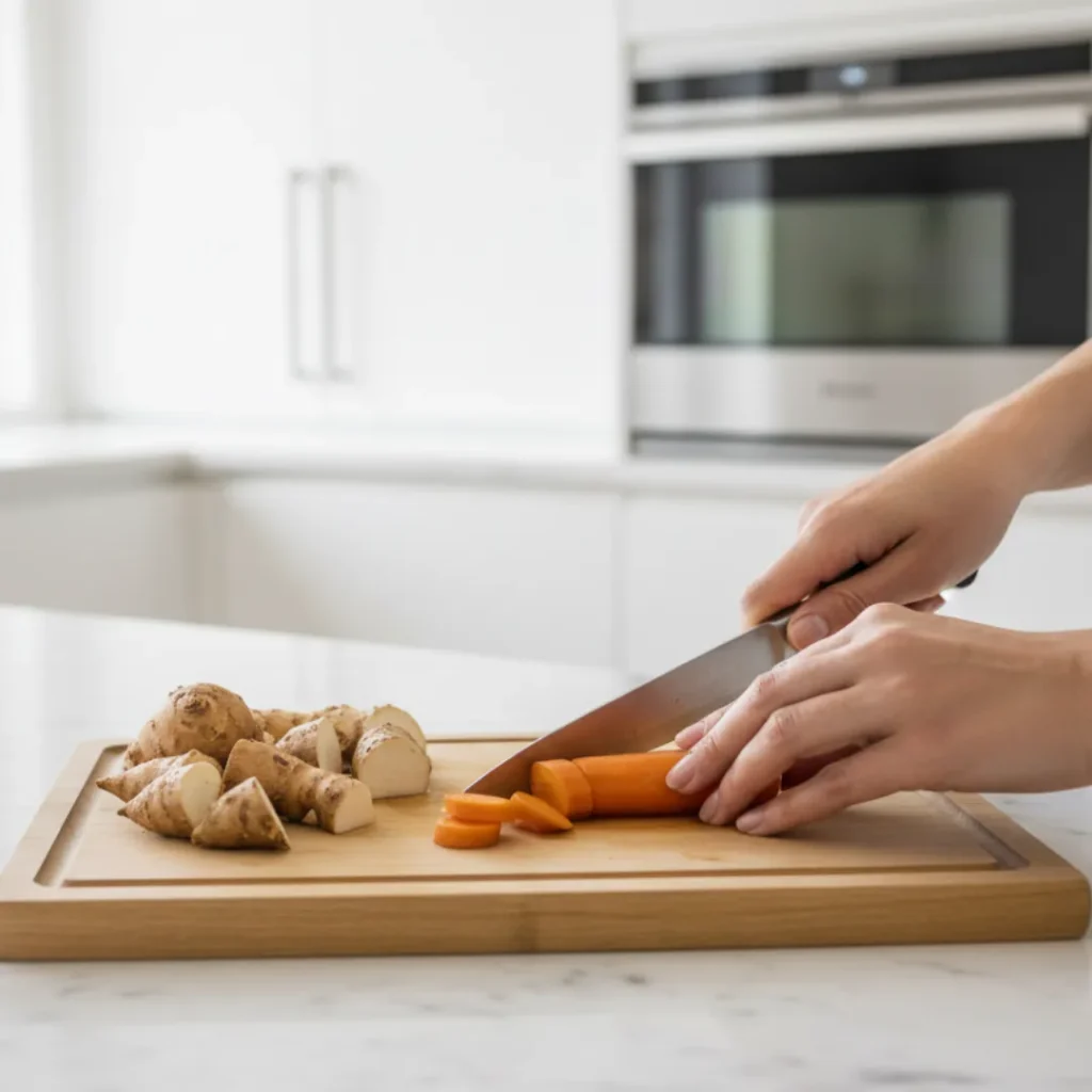 Incroyable Recette Automne Healthy: Poêlée Équilibrée 5 Mains coupant des carottes et topinambours sur une planche en bois claire dans une cuisine blanche moderne.