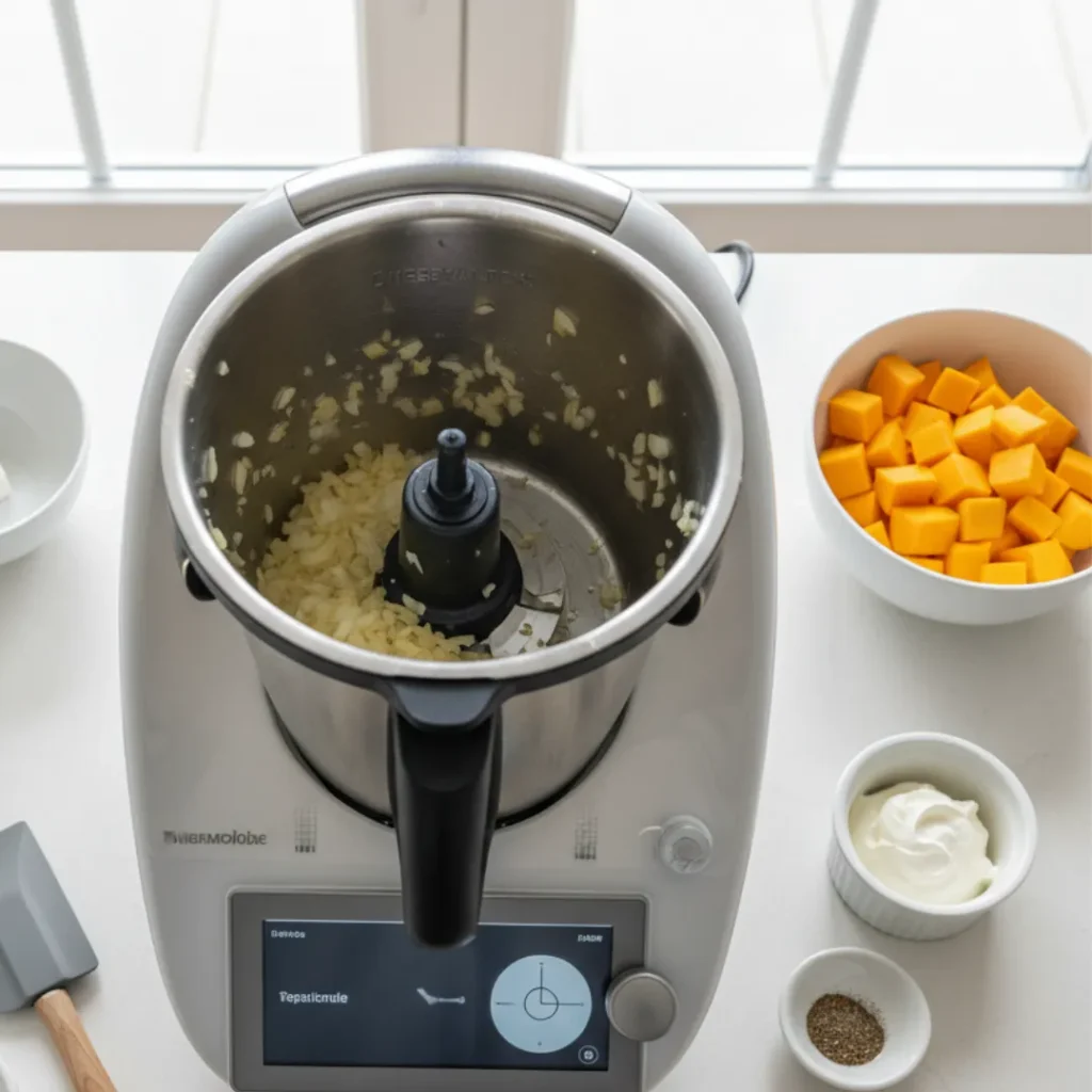 Incroyable Velouté Butternut Facile et Rapide 5 Préparation du velouté butternut dans un Thermomix avec oignon et ail hachés.