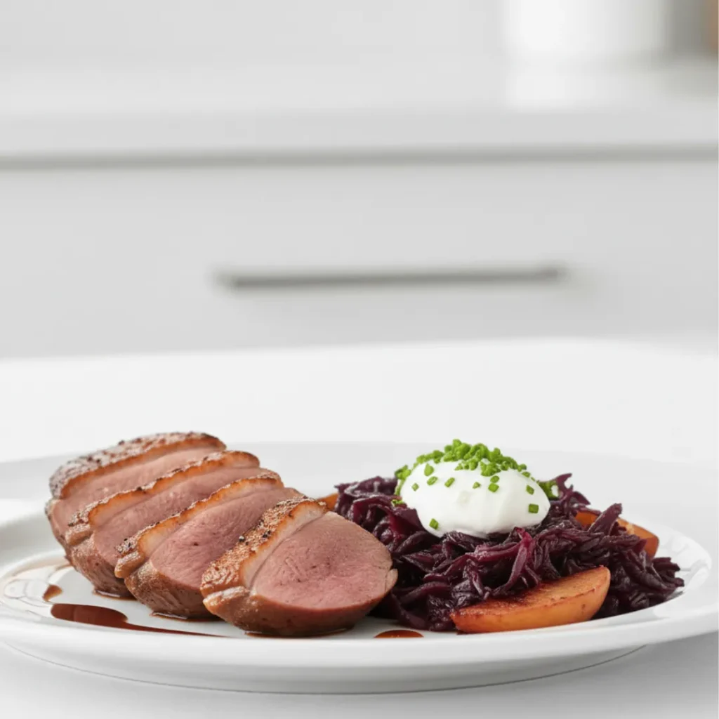 Fabuleuse Recette Chou Rouge : Simple et Rapide 6 Magret de canard tranché servi avec chou rouge braisé et pommes caramélisées dans une assiette blanche.