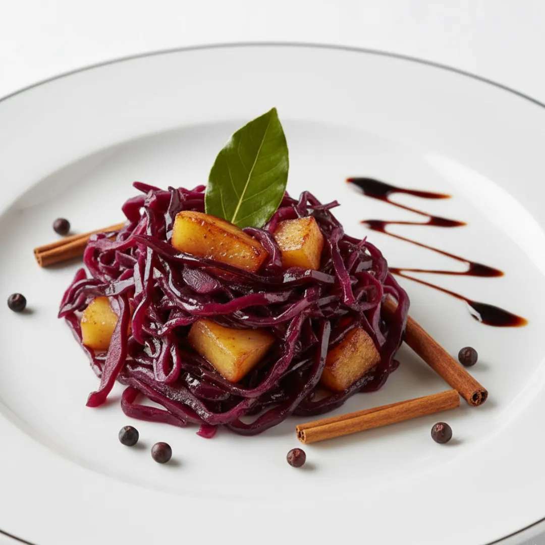 Chou Rouge Mariné Japonais Fait Maison : Simple Et Délicieux 2 Assiette blanche avec chou rouge braisé, morceaux de pommes caramélisées, feuille de laurier et cannelle.