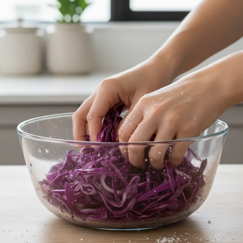 Salade de Chou Rouge Ultime : Recette Facile et Rapide 5 Mains massant du chou rouge émincé avec sel dans un saladier en verre