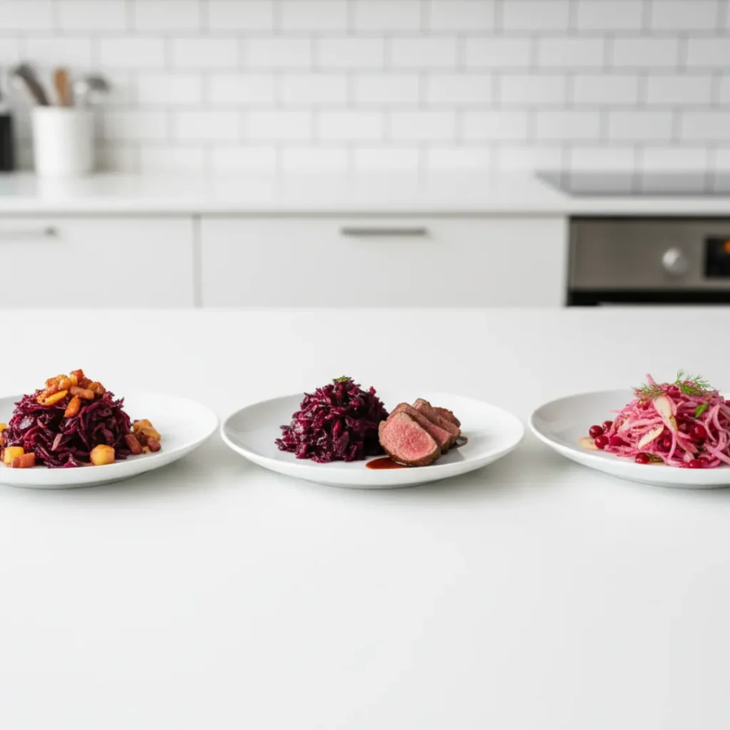 Chou Rouge: La Recette Simple et Délicieuse ! 5 Trois assiettes blanches de chou rouge préparé différemment, avec accompagnement de viande et salade.
