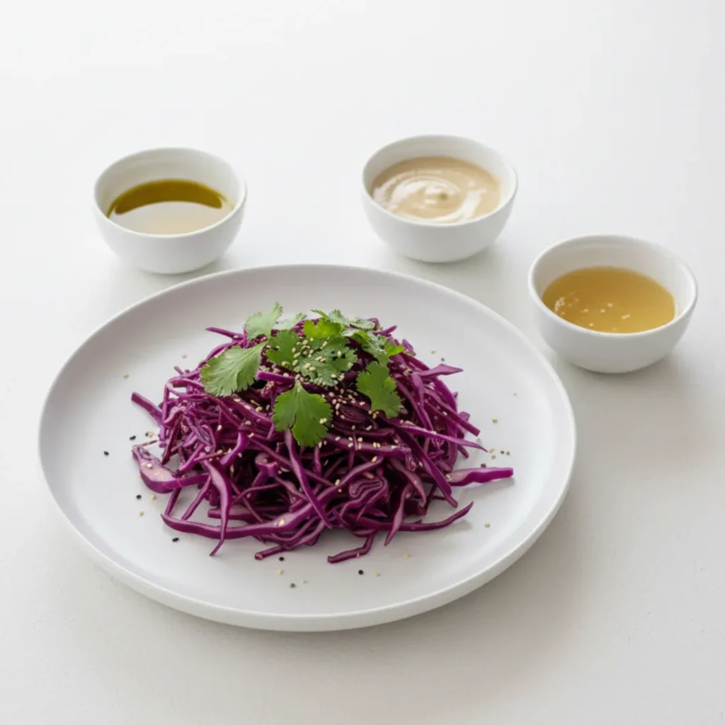 Salade de Chou Rouge Ultime : Recette Facile et Rapide 6 Salade de chou rouge assaisonnée, servie avec trois vinaigrettes maison en ramequins