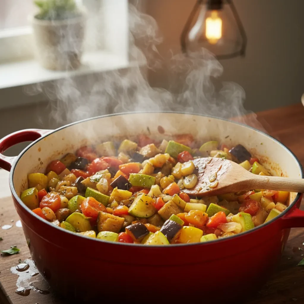 Recette Ratatouille Simple Et Gourmande : Découvrez L’art De La Cuisine Provençale 4 Cuisson de ratatouille maison dans une cocotte rouge