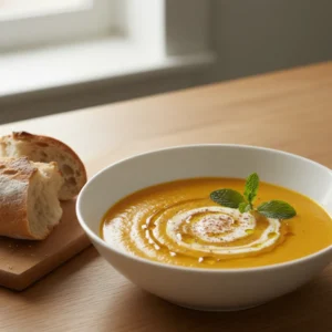 Incroyable Velouté Butternut Facile et Rapide 3 Bol de velouté butternut crémeux servi avec pain de campagne.