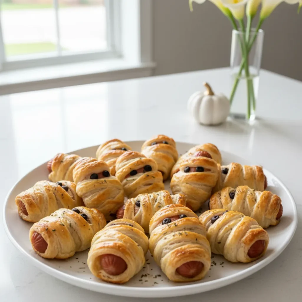 Recette Halloween Simple et Effrayante : Momies Feuilletées 5 Assiette blanche remplie de momies feuilletées dorées prêtes à être servies.