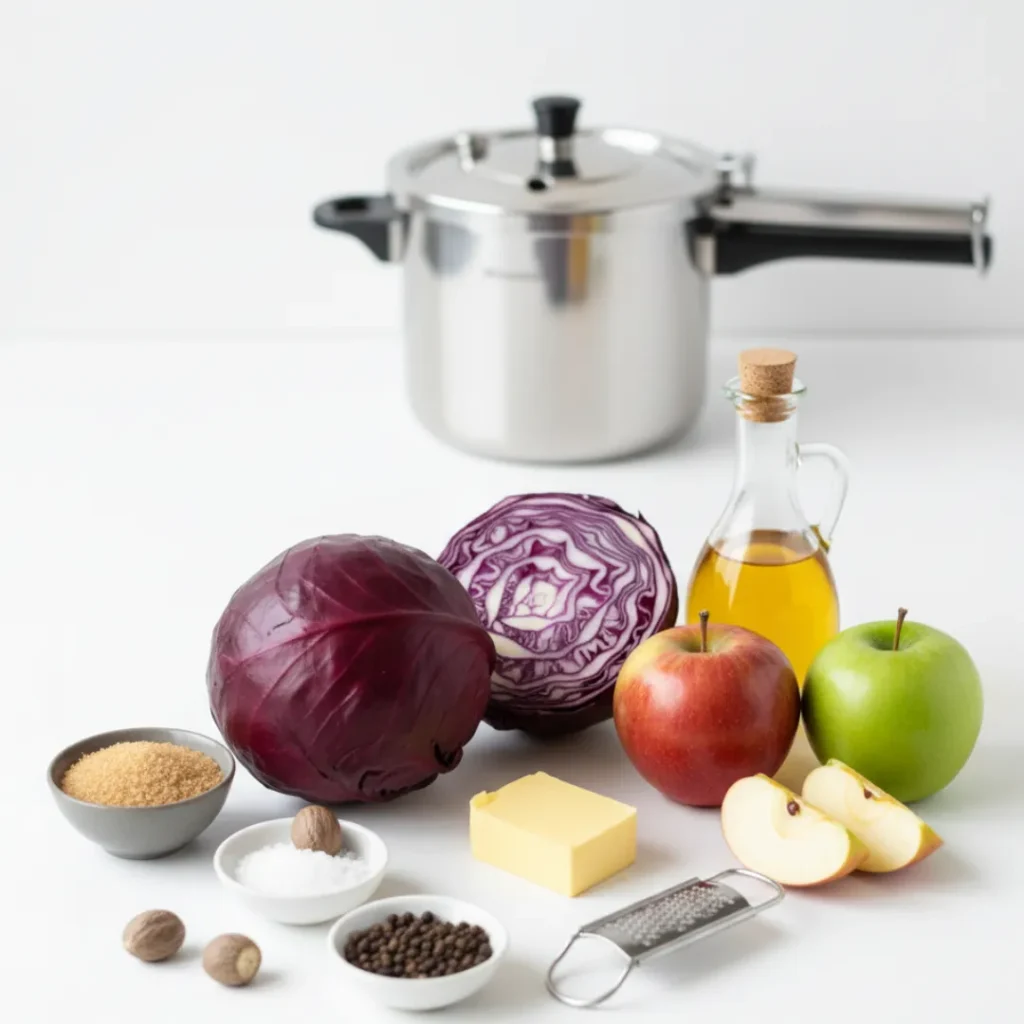 Fabuleuse Recette Chou Rouge : Simple et Rapide 4 Ingrédients frais pour chou rouge braisé : chou rouge, pommes, beurre, cassonade, vinaigre, muscade et cocotte-minute en arrière-plan.