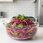 Salade de chou rouge et carottes servie dans un grand saladier en verre