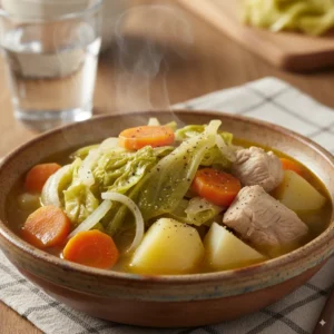 Potée au chou vert légère fumante servie en bol rustique