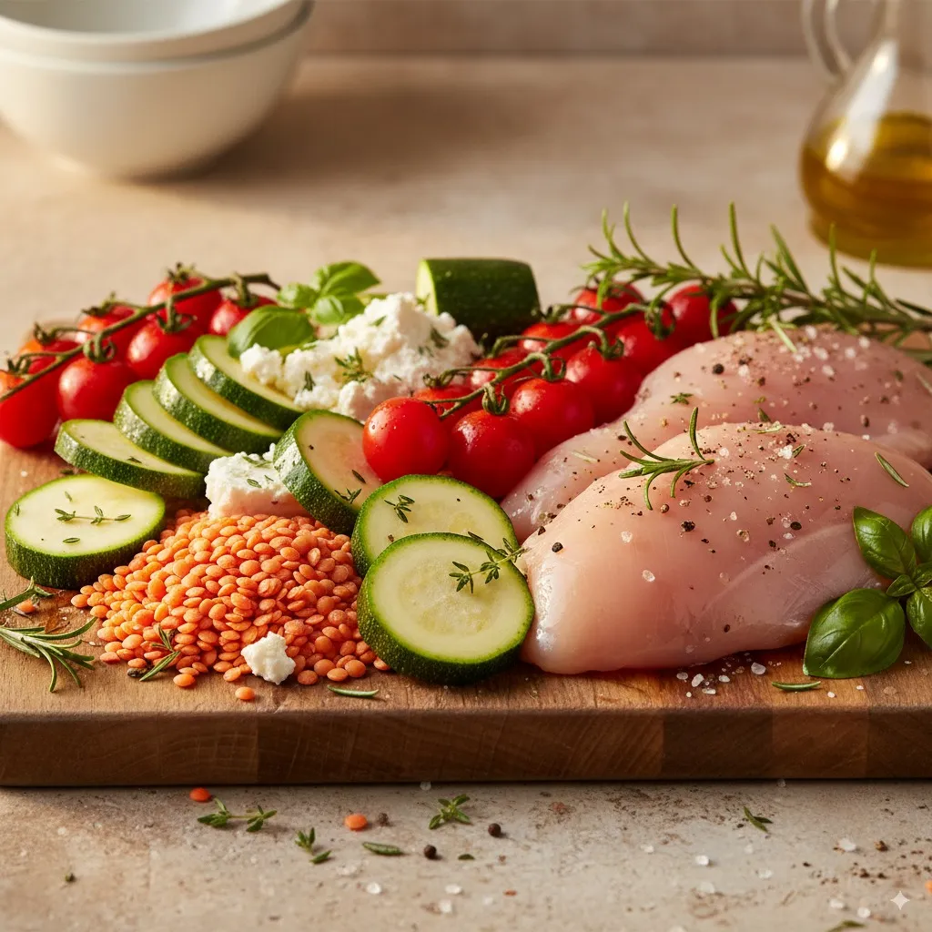 Ingrédients sains pour recette minceur : poulet, courgettes, lentilles