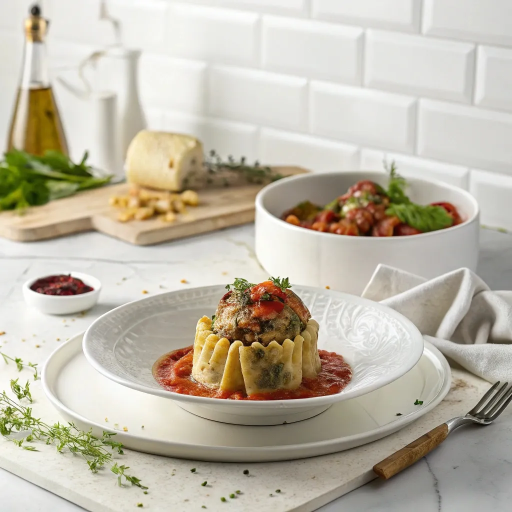 Chou farci maison présenté dans une assiette creuse avec sauce tomate