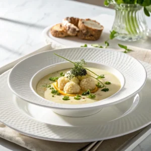 Dressage raffiné de velouté de chou-fleur façon restaurant