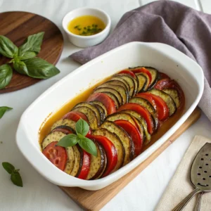 Recette ratatouille maison servie dans un plat blanc avec basilic frais