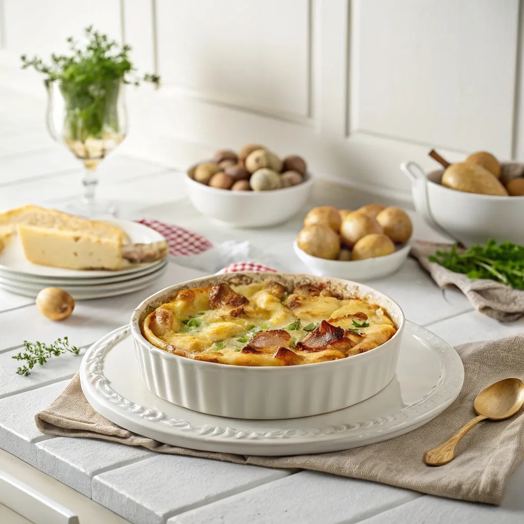 Délicieuse Tartiflette Recette Traditionnelle : Simple et Facile 5 Tartiflette Recette Traditionnelle dorée au reblochon dans un plat rond, entourée de pommes de terre et fromage sur une table rustique
