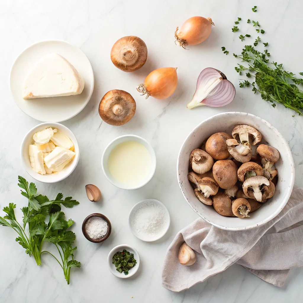 Velouté de Champignons Simple : La Recette Réconfortante ! 4 Ingrédients crus disposés sur une table pour préparer un velouté de champignons, avec champignons, oignons, ail, herbes et crème.