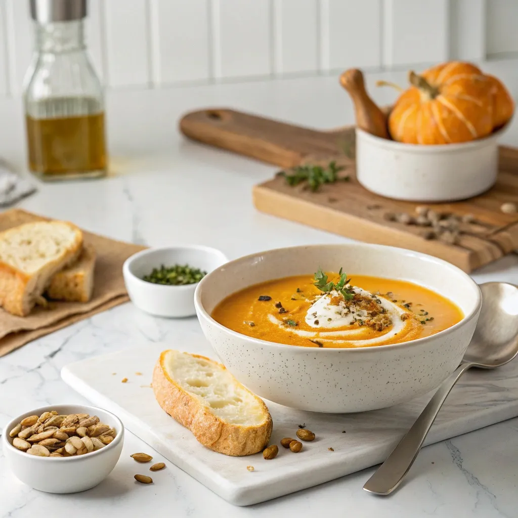 Velouté Potimarron Simple et Délicieux: La Recette Ultime 6 Bol de soupe de potimarron garnie de crème et herbes fraîches, accompagnée d’une tranche de pain.
