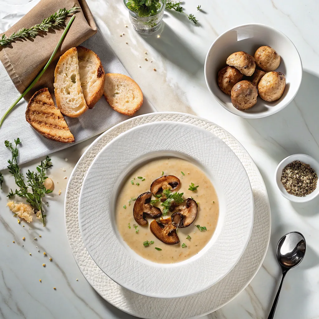 Velouté de Champignons Simple : La Recette Réconfortante ! 6 Velouté de champignons dressé dans une assiette blanche creuse, garni de champignons grillés et de persil.