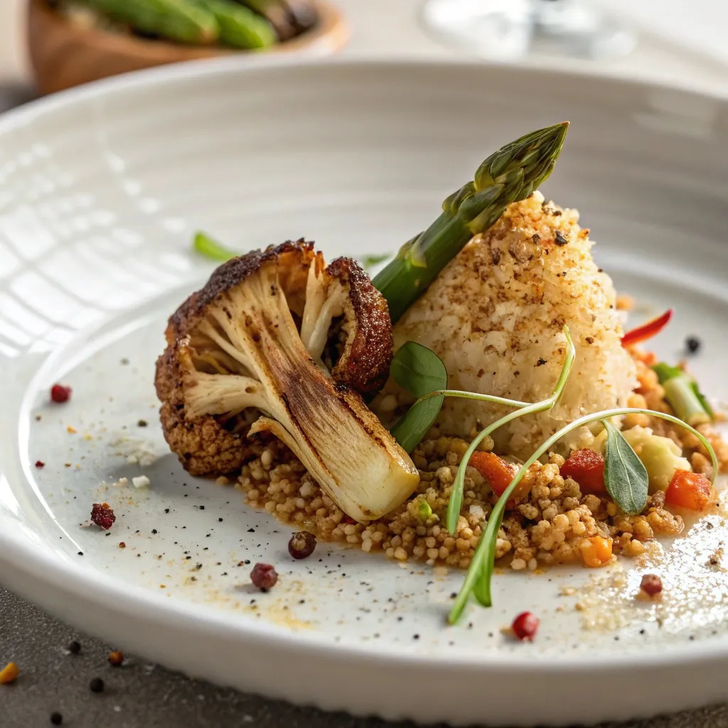 Recette végétarienne minceur avec quinoa, chou-fleur rôti et asperge