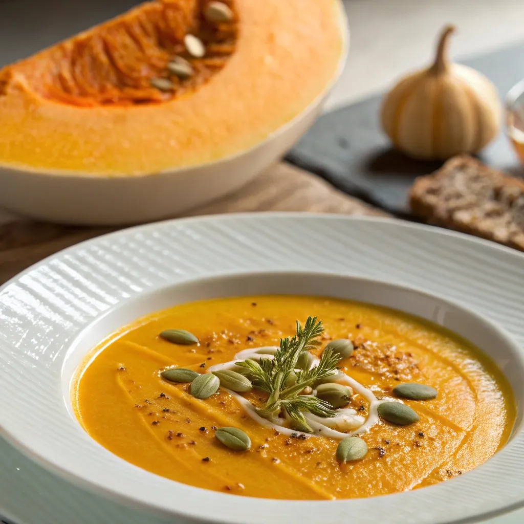 Incroyable Velouté Butternut Facile et Rapide 6 Velouté butternut crémeux garni de graines de courge et d’herbes fraîches.