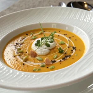 Velouté Potimarron Simple et Délicieux: La Recette Ultime 3 Gros plan sur un bol de velouté de potimarron décoré de crème, épices et herbes