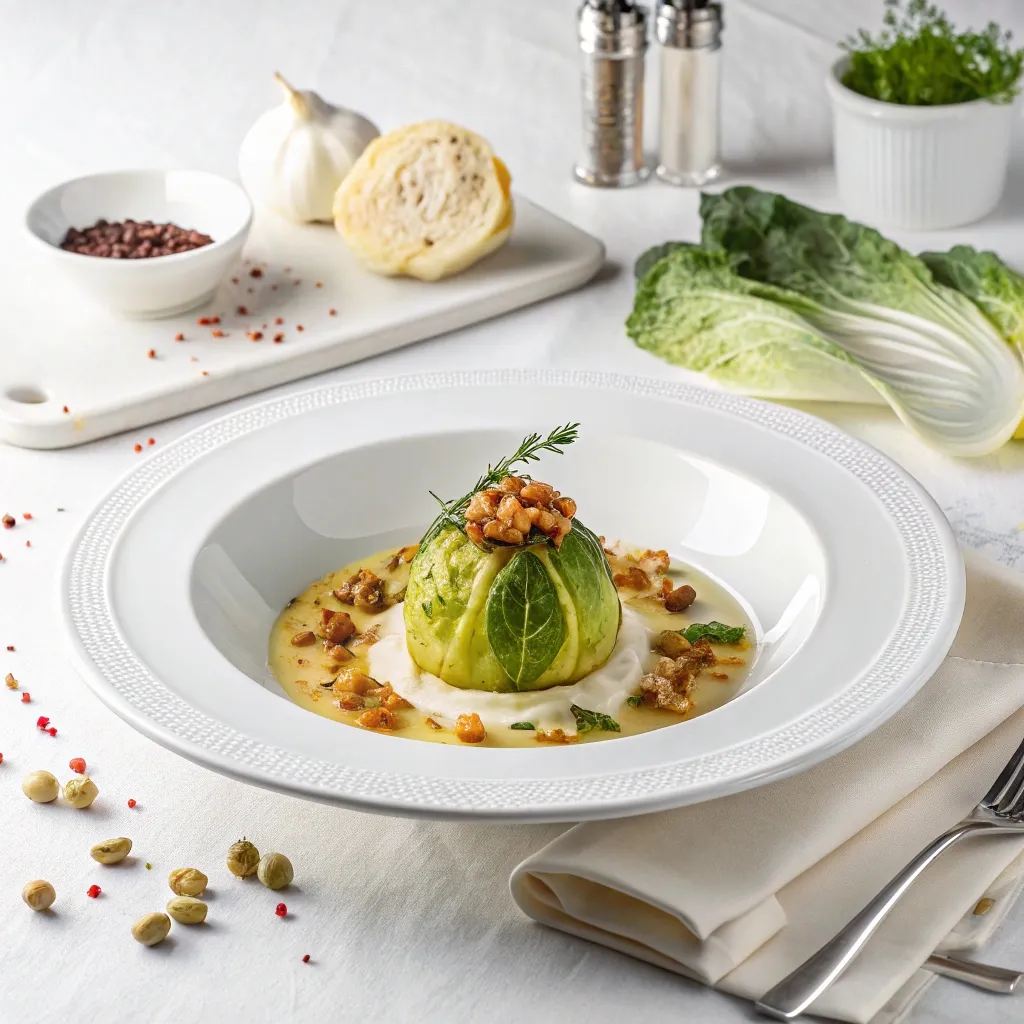 Chou farci roulé avec crème végétale et noix croustillantes