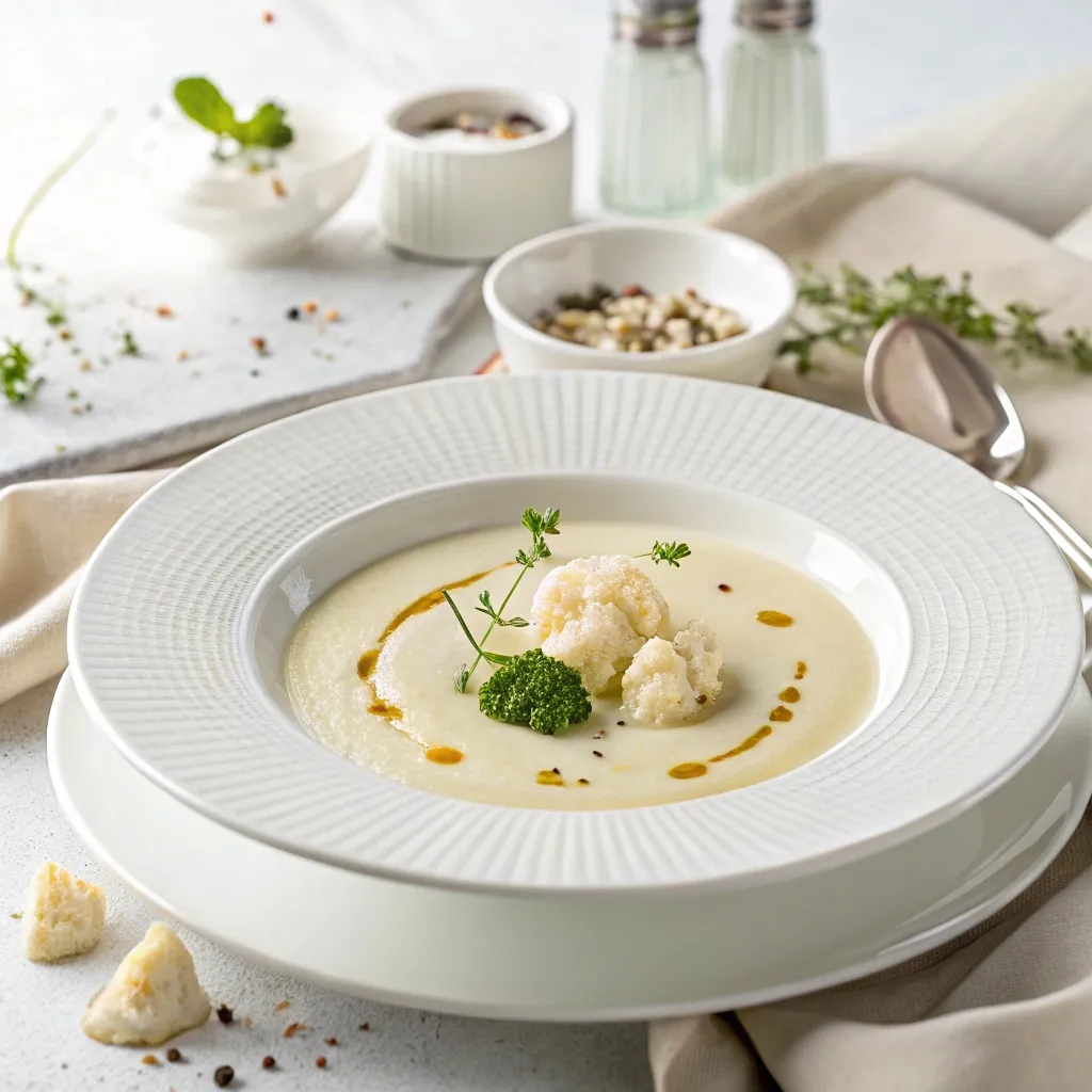 Velouté chou fleur crémeux et léger recette saine et gourmande 5 Velouté de chou-fleur servi dans une assiette blanche élégante