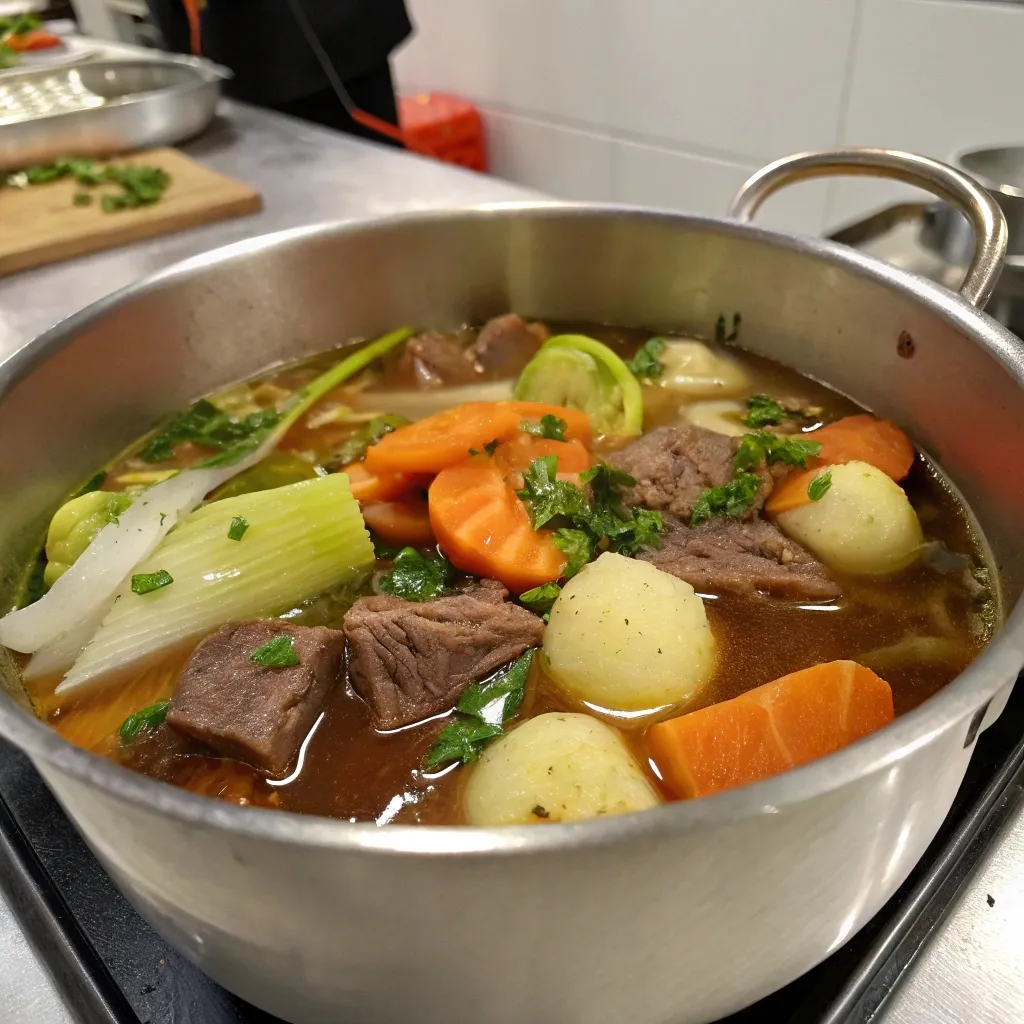 cuisson du pot-au-feu dans une grande cocotte