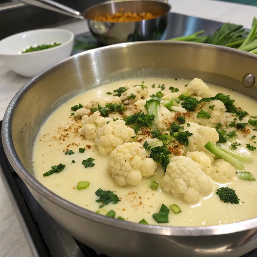 Velouté chou fleur crémeux et léger recette saine et gourmande 4 Velouté de chou-fleur en train de mijoter dans une casserole