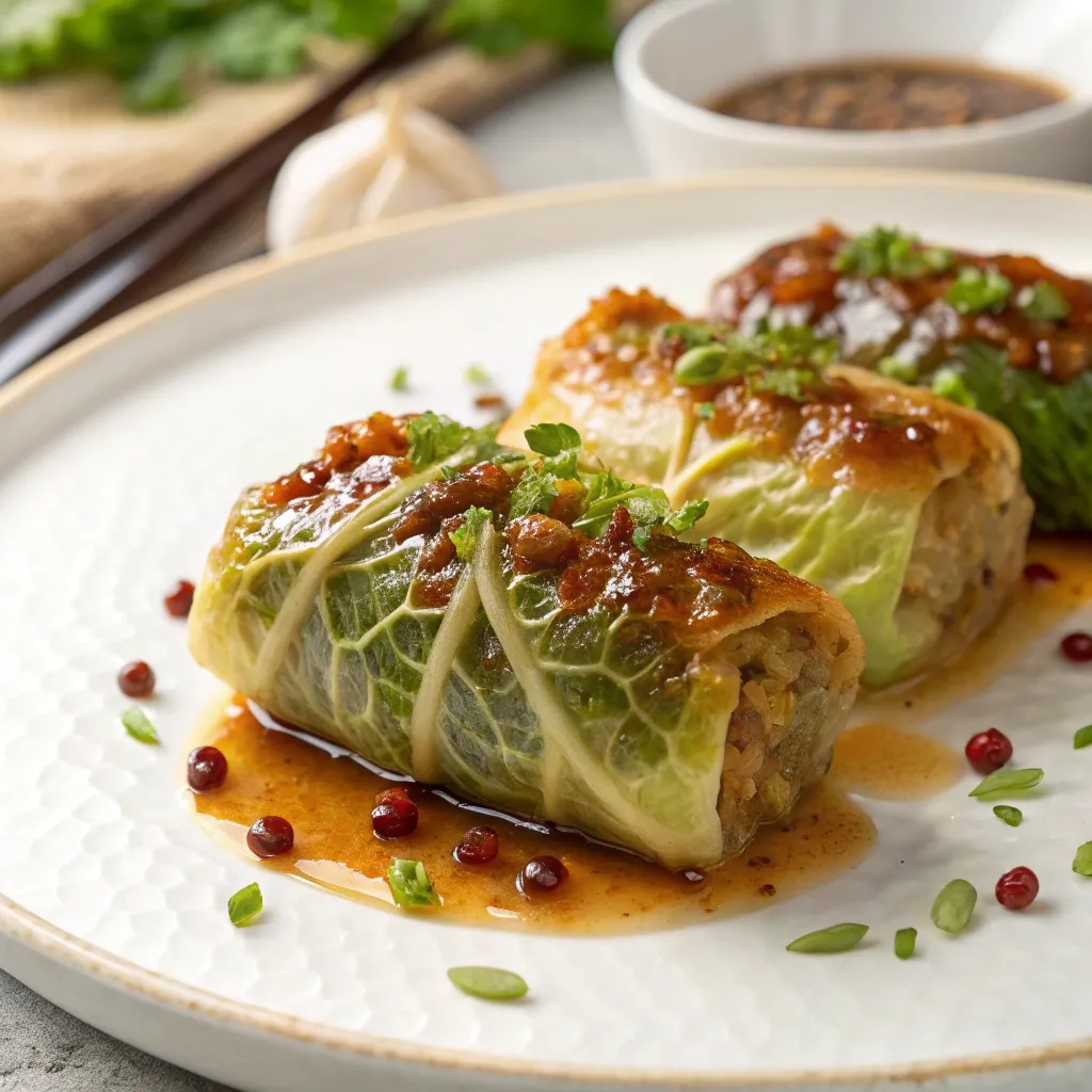 RouleaGros plan de chou farci coupe transversaleux de chou farci nappés de sauce soja maison