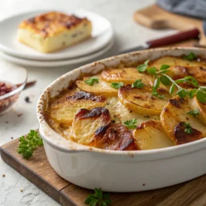 Délicieuse Tartiflette Recette Traditionnelle : Simple et Facile 3 Gros plan d’une tartiflette savoyarde gratinée au four, avec pommes de terre dorées, fromage fondant et herbes fraîches