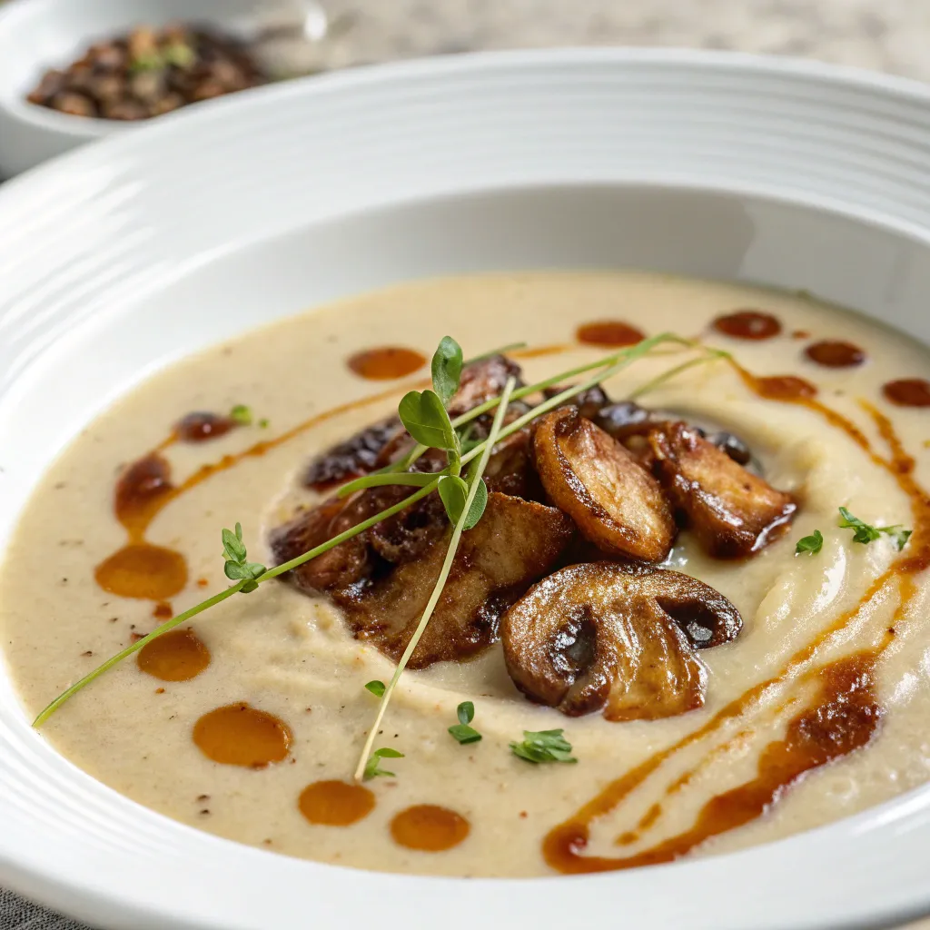 Velouté de Champignons Simple : La Recette Réconfortante ! 5 Gros plan d’un velouté de champignons garni de champignons grillés, huile aromatisée et pousses vertes.