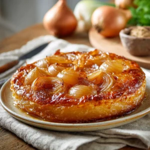 Tarte tatin aux oignons caramélisés sur une assiette, garnie d’oignons dorés et brillants sur une pâte feuilletée croustillante, posée sur une nappe en lin avec des oignons en arrière-plan.