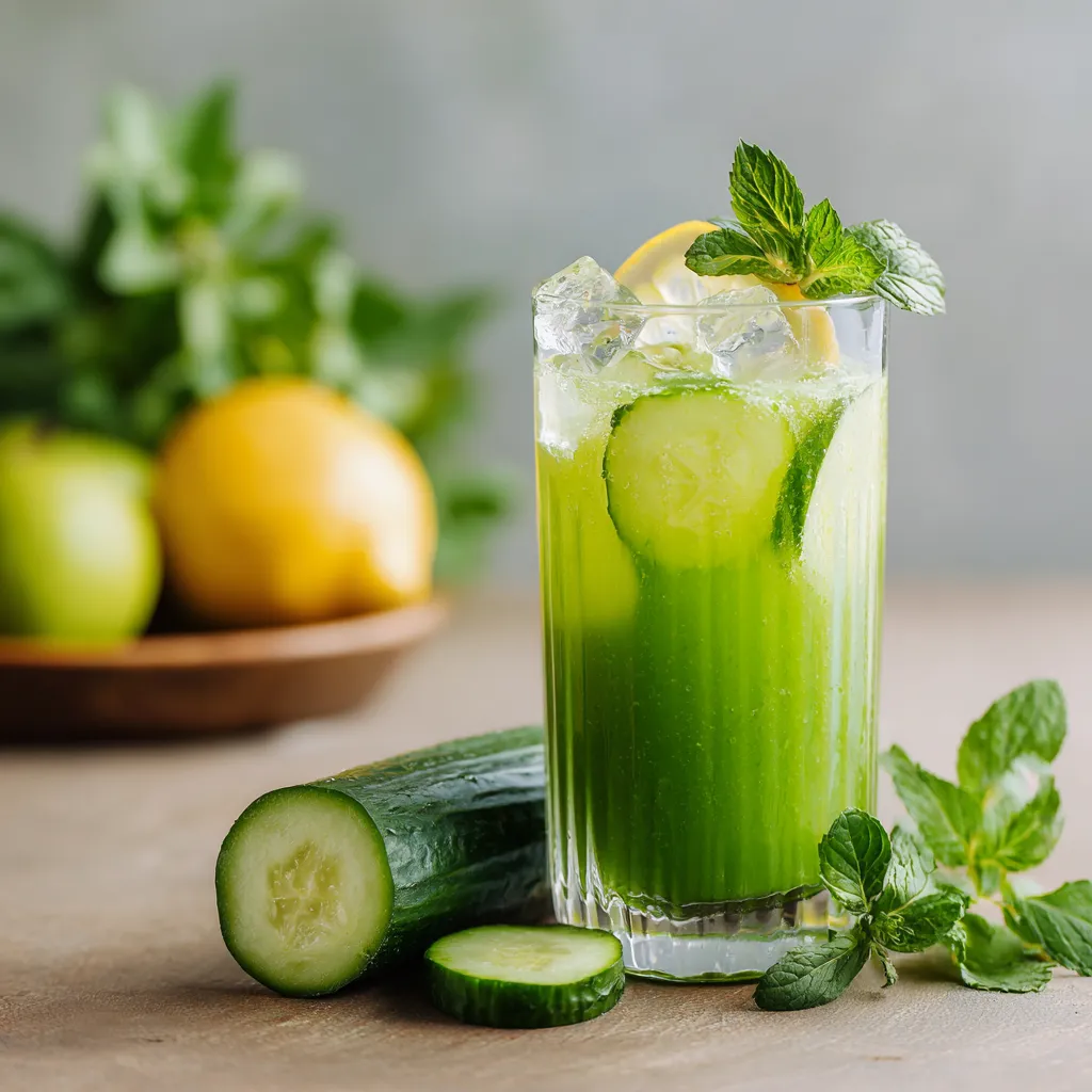 Verre de jus détox au concombre avec citron, menthe et glaçons sur une table en bois, boisson verte rafraîchissante et hydratante parfaite pour le bien-être et la détox.