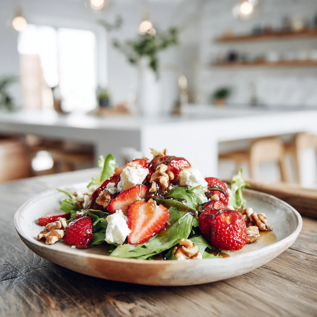 Salade sucrée salée avec fraises, fromage de chèvre, jeunes pousses et noix dans une cuisine blanche lumineuse
