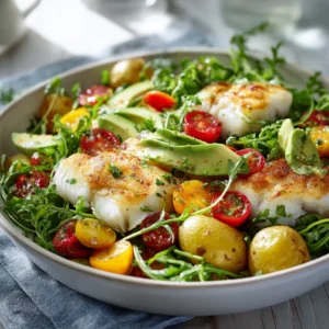 Salade Tiède au Haddock avec pommes de terre, tomates rôties, avocat et herbes fraîches, servie sur une nappe bleue.