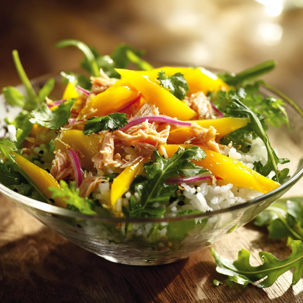 Salade exotique au thon avec roquette, riz basmati, mangue, oignon rouge et coriandre fraîche dans une assiette colorée.