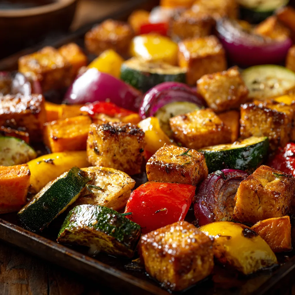 Assiette de légumes rôtis et tofu croustillant, joliment présentée sur une assiette blanche avec poivrons, patate douce et courgettes, garnie de graines de sésame et d’un filet d’huile d’olive.