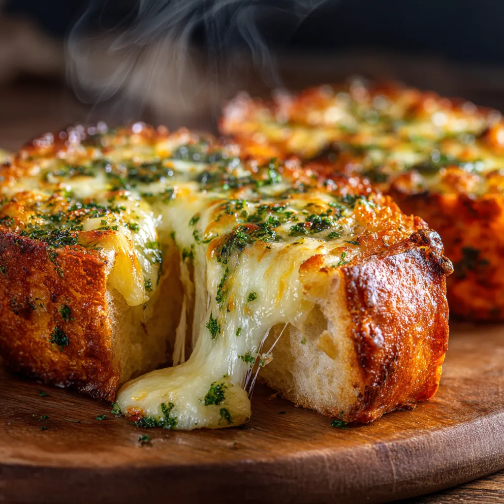Gros plan d’un pain à l’ail gratiné au fromage fondant, avec une croûte dorée et croustillante.
