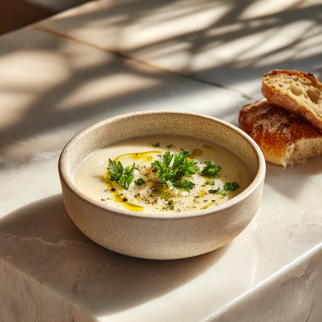 Bol de soupe crémeuse au chou-fleur sur une table en marbre, garni d’un filet d’huile d’olive, de persil frais et de poivre noir, avec du pain rustique à côté.