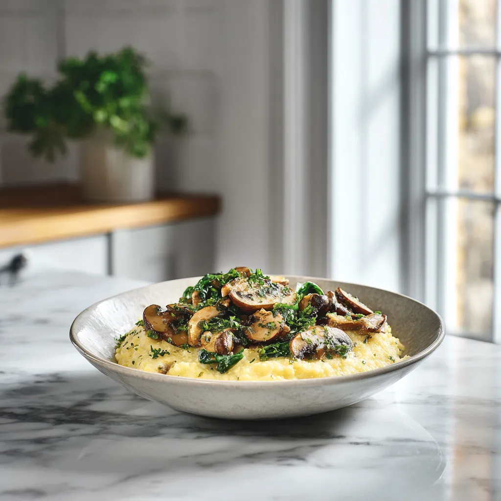 Bol rustique de polenta crémeuse aux champignons et épinards, saupoudrée de parmesan, posé sur une nappe en lin beige dans une cuisine au style champêtre.