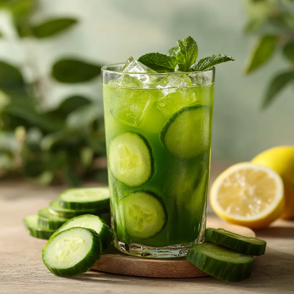 Verre de jus pétillant au concombre avec glaçons, feuilles de menthe et citron coupé, sur fond vert pastel.