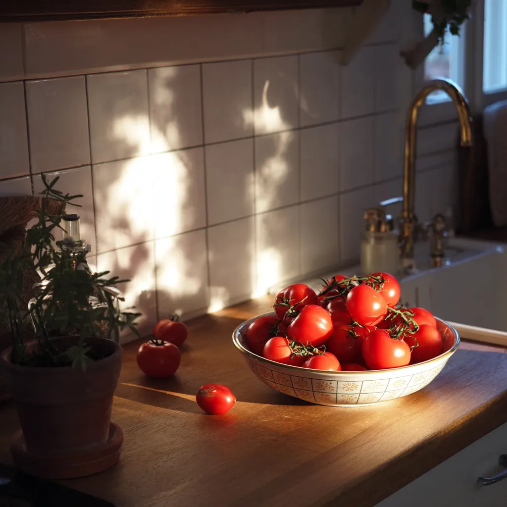 Bol de tomates rouges mûres posé sur un plan de travail en bois dans une cuisine ensoleillée.