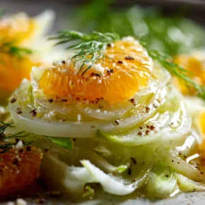 salade de fenouil avec des tranches d’orange juteuses, un filet d’huile d’olive et du poivre