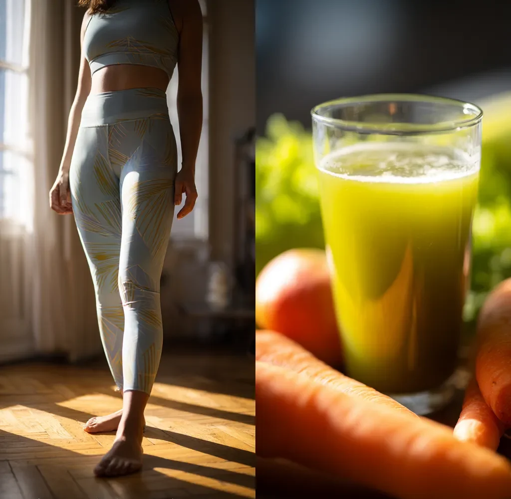 Femme en tenue de sport dans une pièce lumineuse, un verre de jus vert détox posé à côté, symbolisant la vitalité et le bien-être.