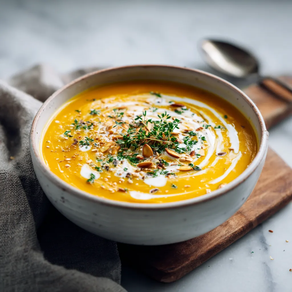 Soupe de Courge Butternut Facile et Délicieuse 6 Bol de soupe de courge butternut crémeuse et dorée, décorée de crème, graines de courge et herbes fraîches, posée sur une table en bois clair dans une cuisine blanche.