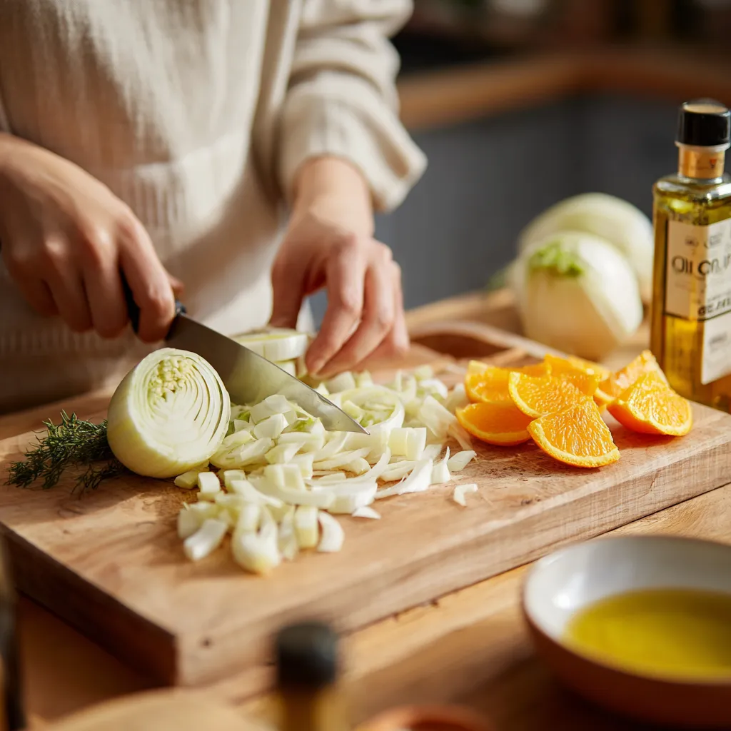 Mains coupant du fenouil frais et des tranches d’orange sur une planche en bois avec une bouteille d’huile d’olive.
